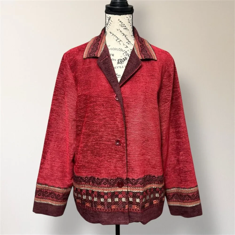Vintage Coldwater Creek M Red Wool Blend Textured‎ Jacket Blazer Button Front